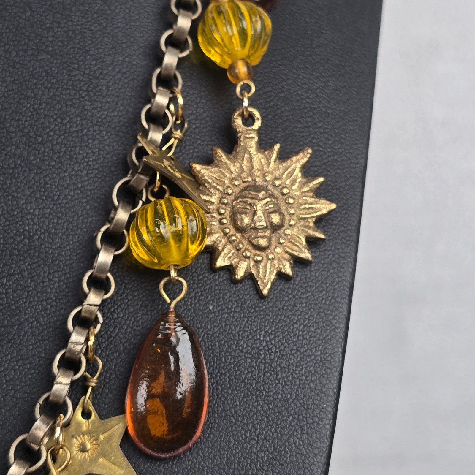 Vintage Celestial Sun Star Charm Necklace Amber Yellow Glass Bead & Brass Chain