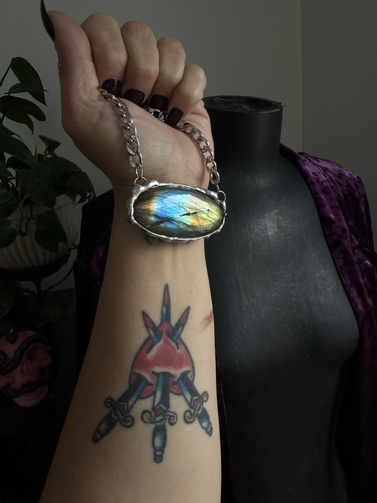 Labradorite Crystal Gemstone Necklace Pendant Statement Jewelry Rocker Biker