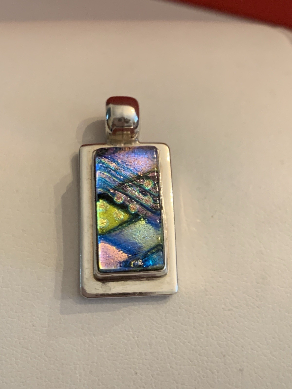 Vtg. Multi Color Dichroic Glass .925 Sterling Silver Pendant Rectangle- BinM