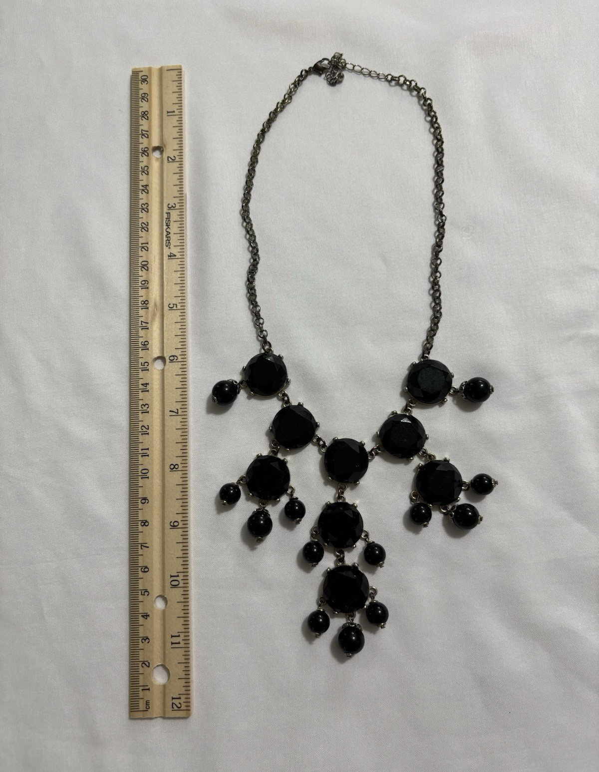 Black & Silver Statement Bib Necklace, Cable Chain, Lobster Clasp, 19-24 in