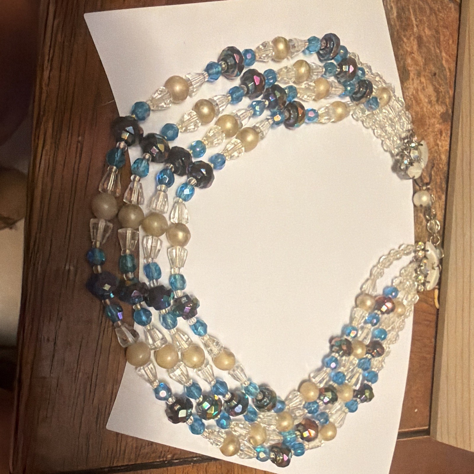 Vintage Multi-Strand Layered Blue Clear Crystal & Cream Imitation Pearl Necklace