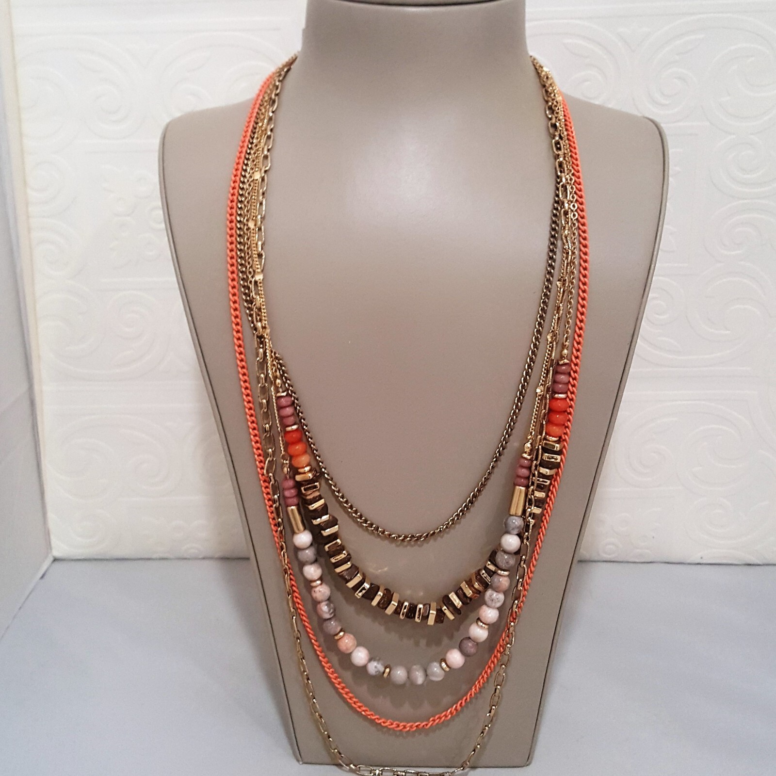 Anthropologie Women’s Statement Multi Layer Stone Gold Plated Orange Necklace