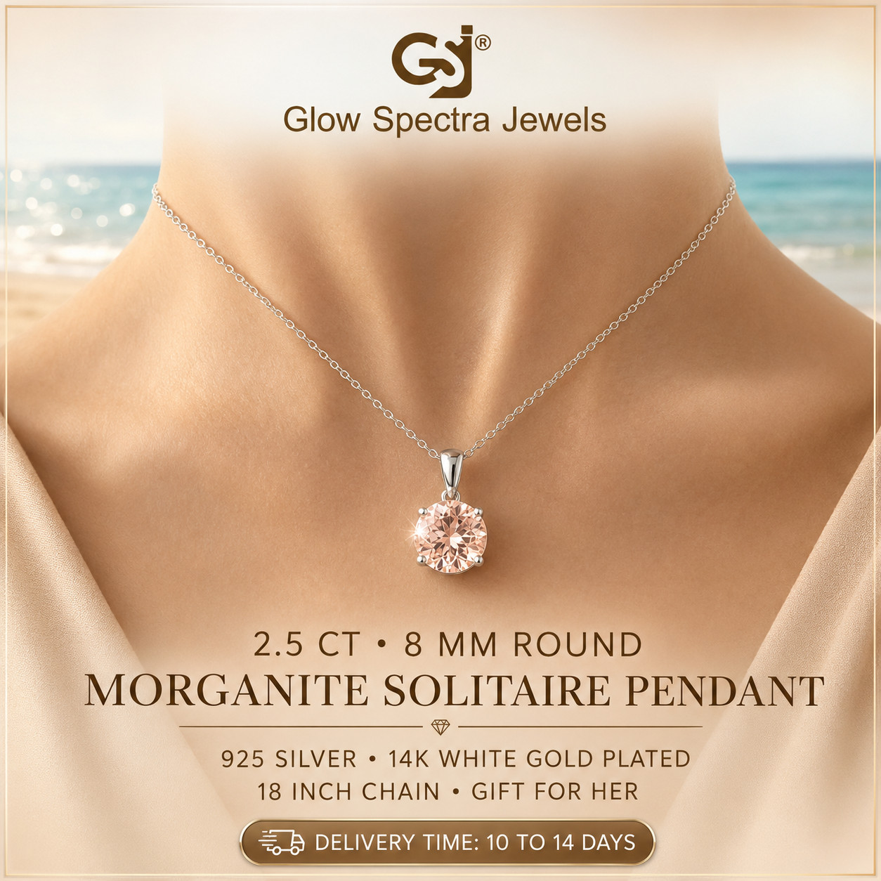 2.50Ct Round Morganite Diamond Solitaire Women Pendant 14K White Gold Plated
