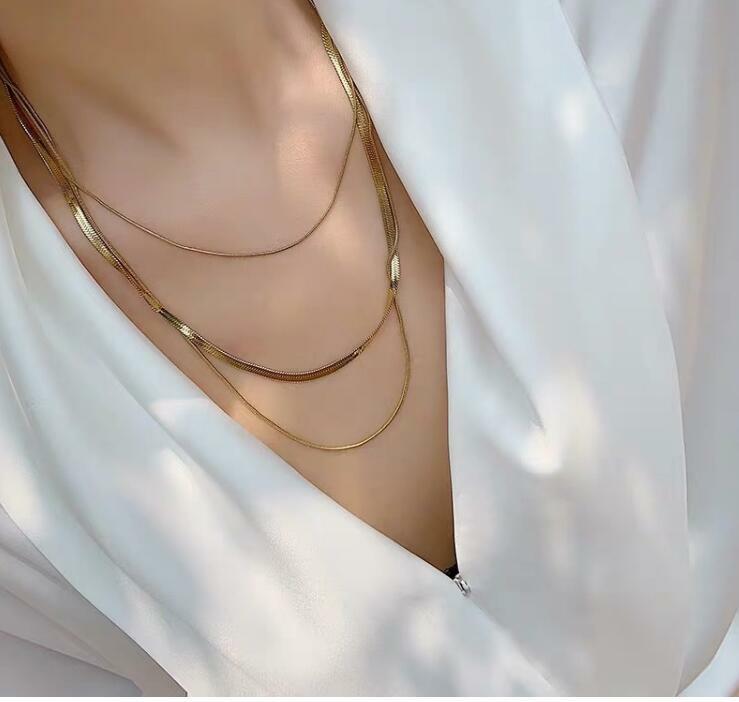 Woman 14K Gold Plated Triple Layers Snake Herringbone Chain Choker Necklace