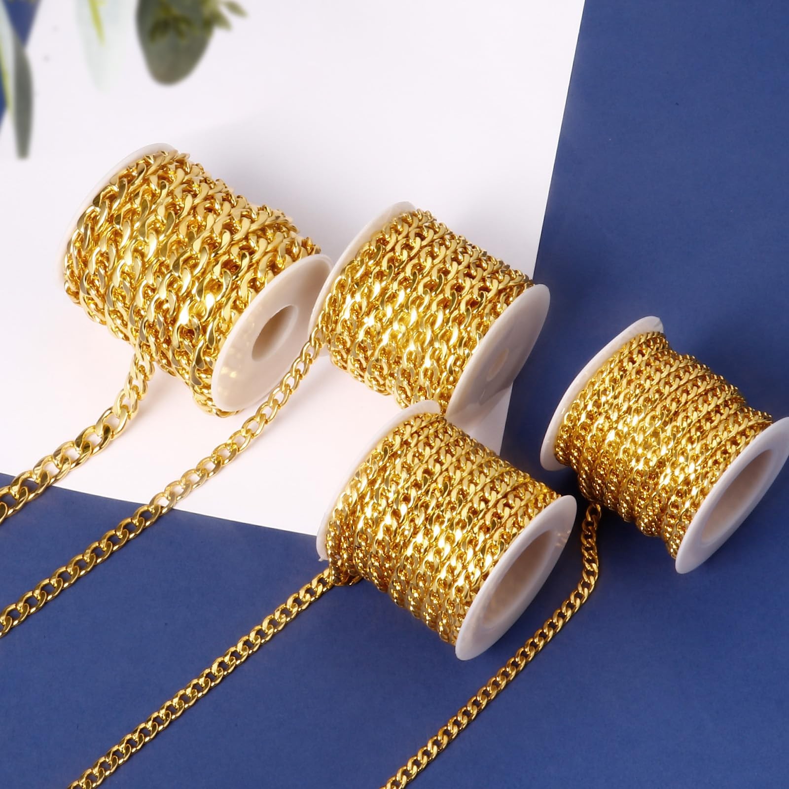 [16.5 FT] 18K Gold Plated Curb Chain for Jewelry Making, 9.8Mm Wide 304 Stainles