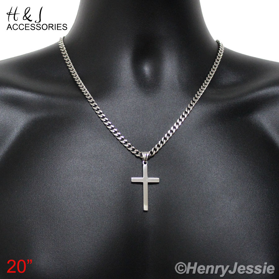 18″-36″MEN Stainless Steel 5mm Silver Cuban Curb Necklace Plain Cross Pendant*29