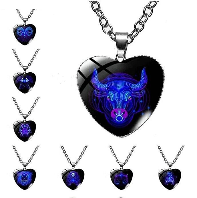 Choose Zodiac 1″ (25mm) Heart Shaped Glass Metal Pendant Necklace 18″ Link Chain
