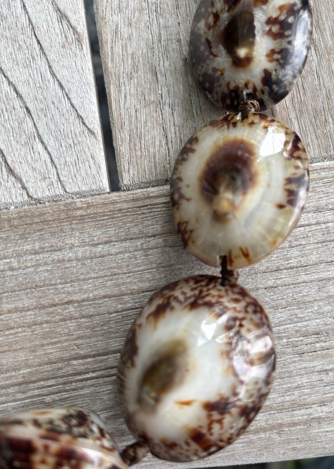 Brown White Natural Shell Beaded Statement Necklace Adjustable Ribbon Tie