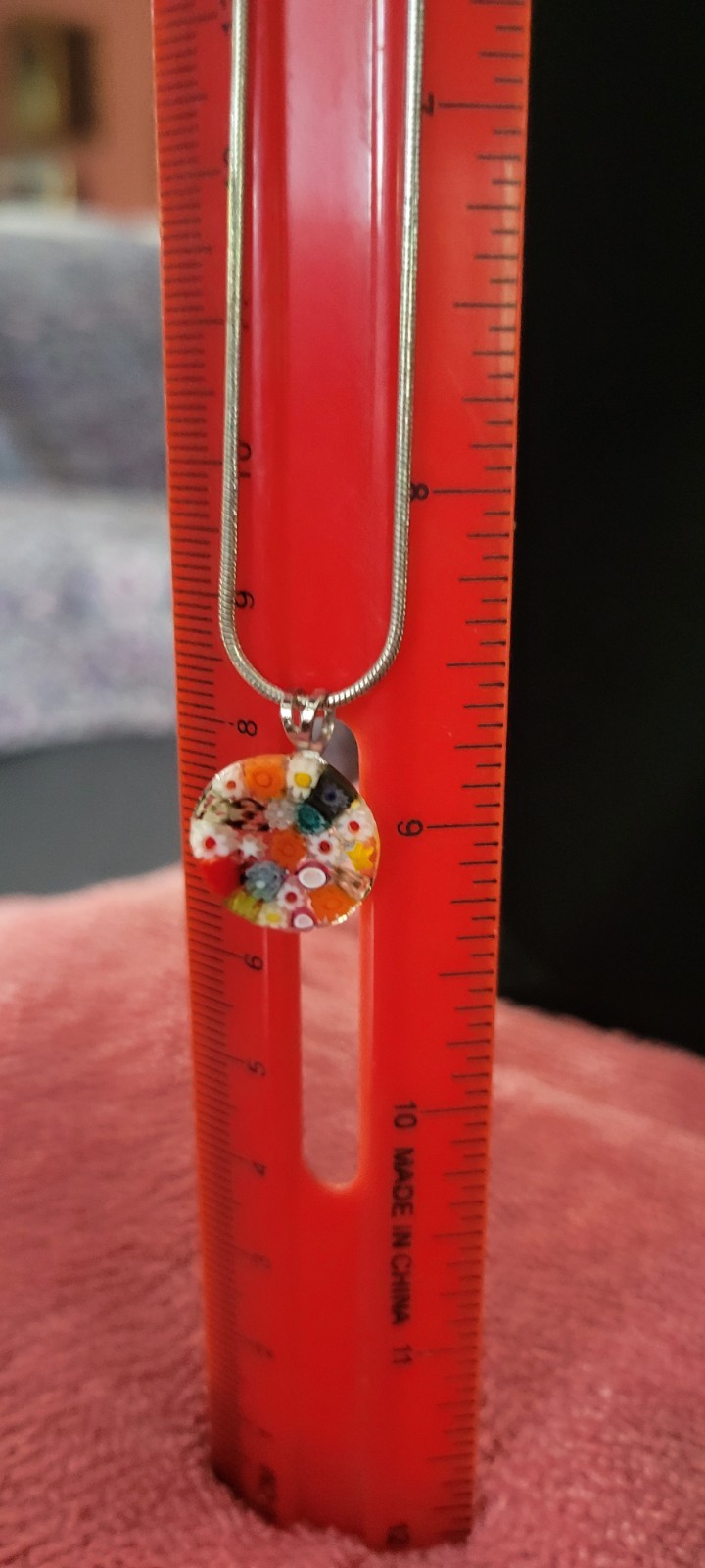 Silver Tone Round Multicolor Glass Flower Pendant Necklace, Snake Chain