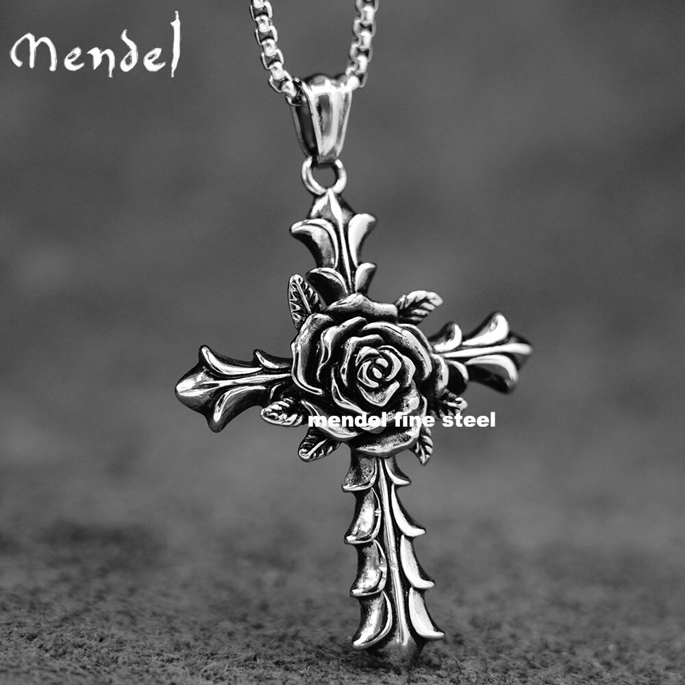 MENDEL Gothic Mens Womens Christian Rosicrucian Rose Cross Pedant Necklace Chain