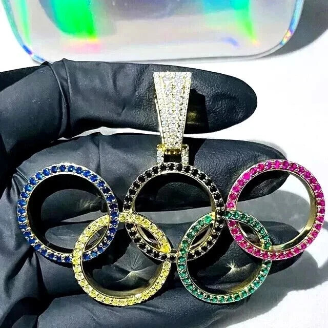 2.5ct Round Simulated Multi Stone Unisex Olympic Pendant 14k Yellow Gold Plated