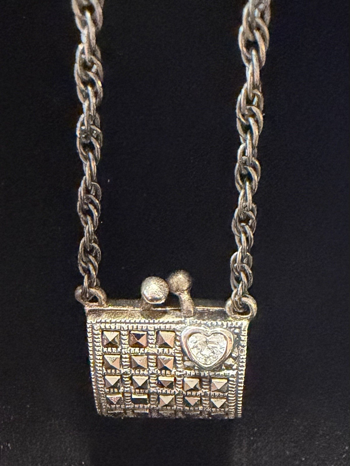 Silver Tone Square Marcasite Locket Pendant Necklace, Rope Chain, Love Theme
