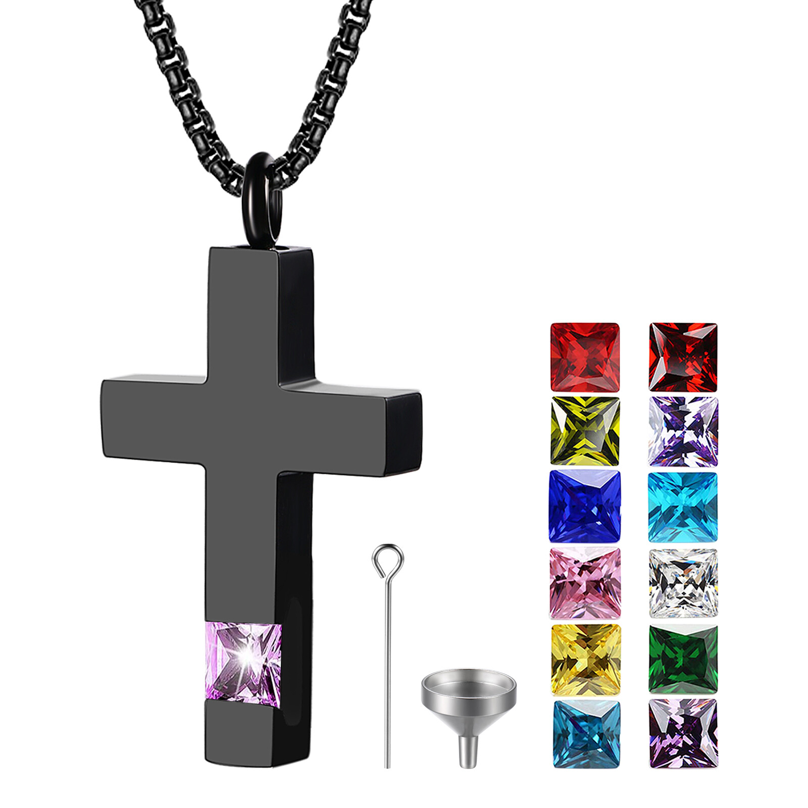 Birthday Stone Urn Necklace Memorial Ash Cremation Cross Pendant Keepsake Locket