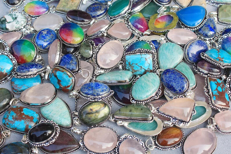 Natural Assorted Crystal Pendants,925 Silver Overlay Crystal Necklace Pendants~