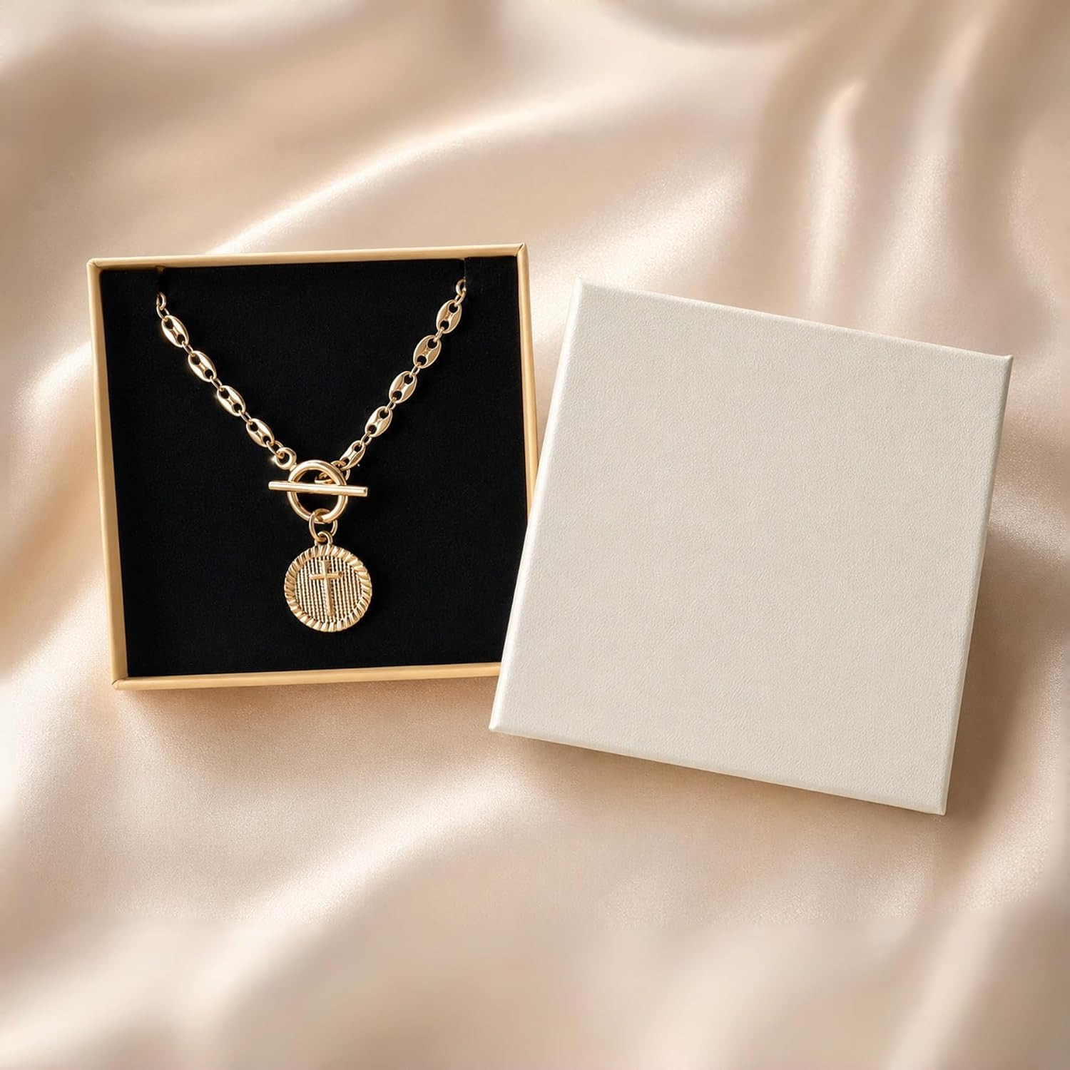 Gold Cross Necklace for Women Trendy Chunky Toggle Necklace 14K Gold Plated Cros