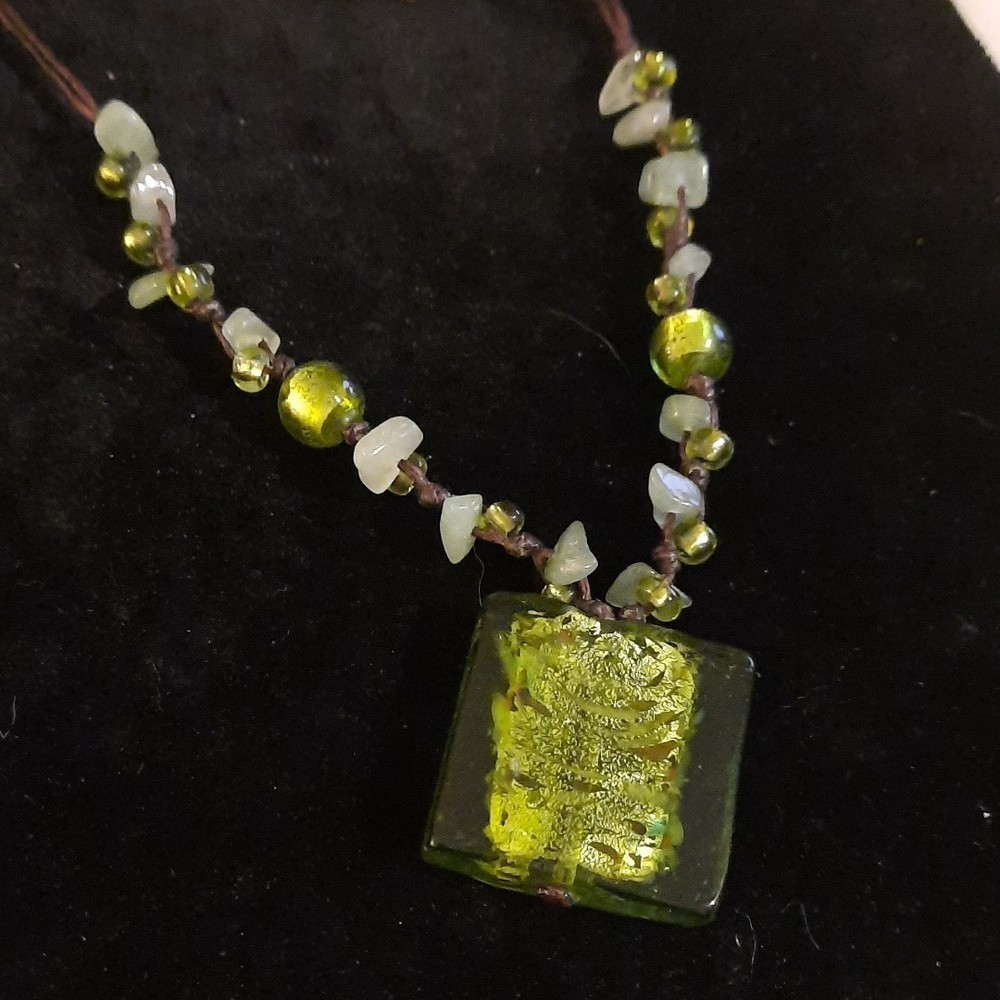 art glass and stone nugget necklace on 16in cord