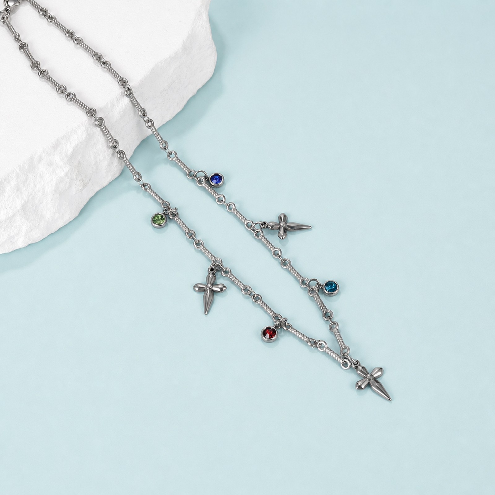 Women’s CZ Cross Charm Necklace Stainless Steel Tassel Necklace for Daily Wear
