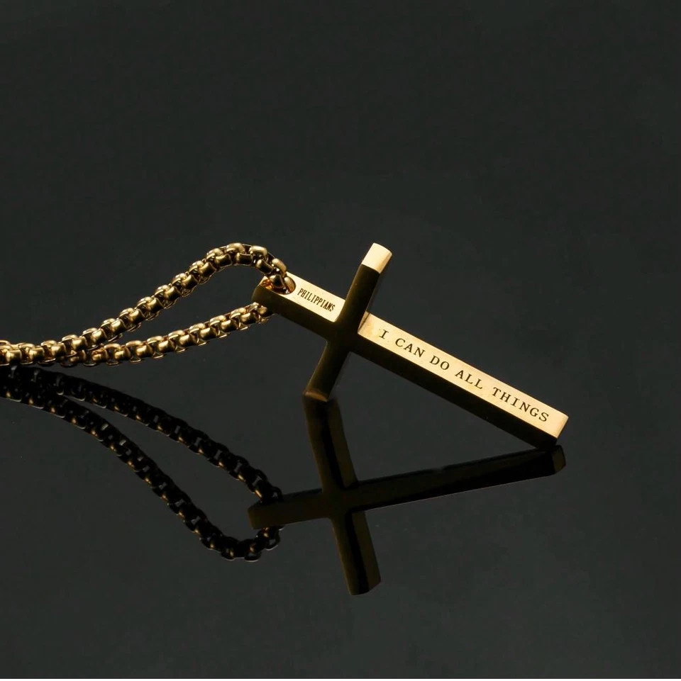 Men Women Cross Necklace Stainless Steel Christian STRENGTH Pendant Chain 24″