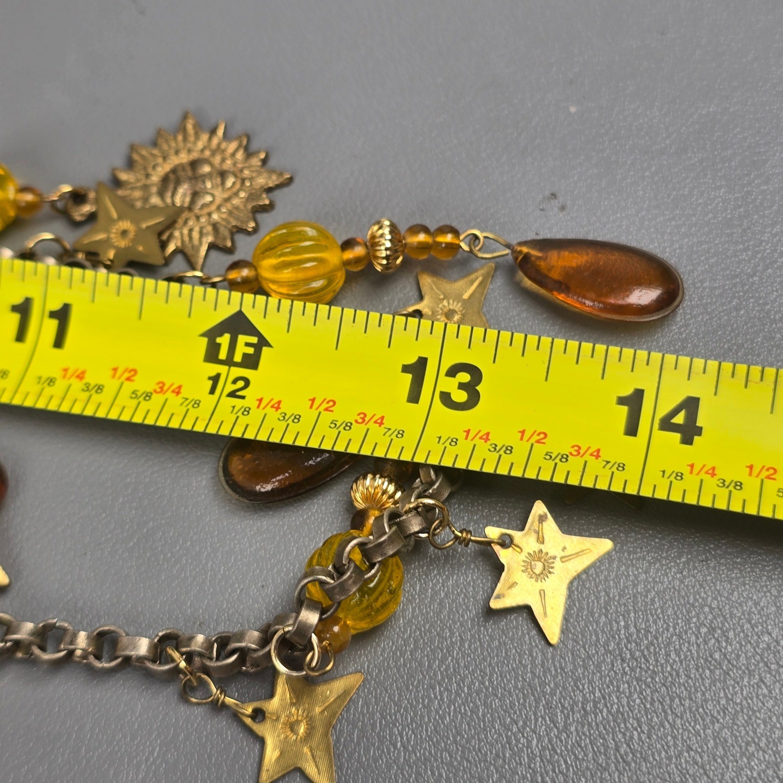 Vintage Celestial Sun Star Charm Necklace Amber Yellow Glass Bead & Brass Chain