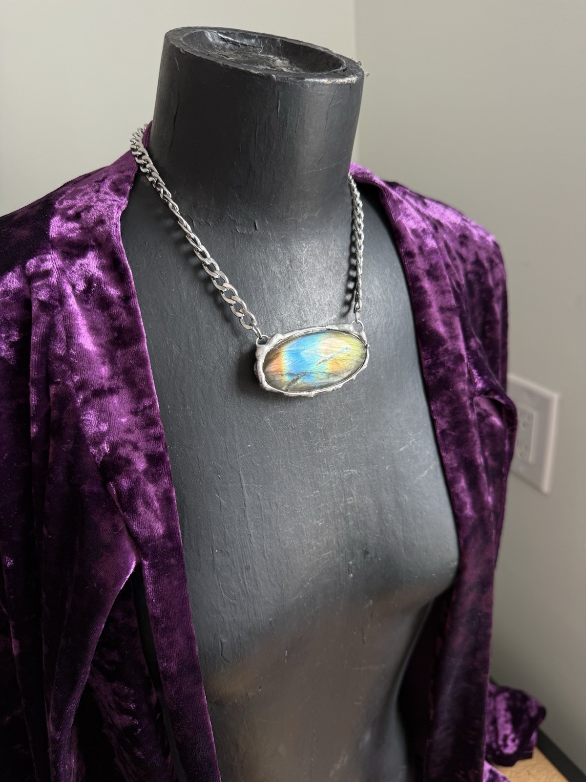 Labradorite Crystal Gemstone Necklace Pendant Statement Jewelry Rocker Biker