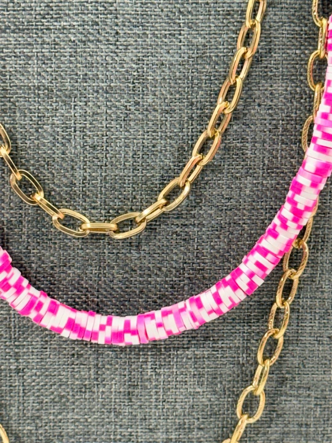 Neon Pink and White Beaded 3 Strand Chain Layered Necklace