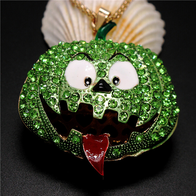 New Cute Green Crystal Halloween Pumpkin Fashion Women Pendant Sweater Necklace