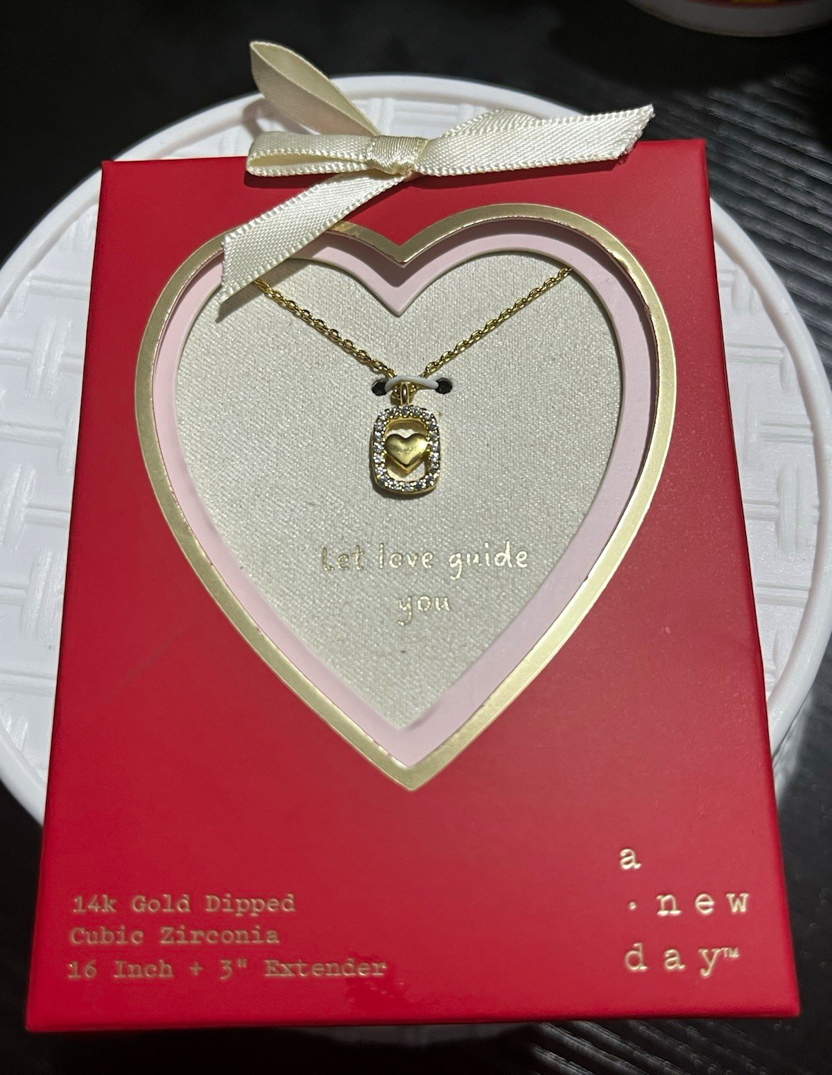 A New Day CZ Halo Heart Pendant Necklace Yellow Gold Plated 16+3in Adj