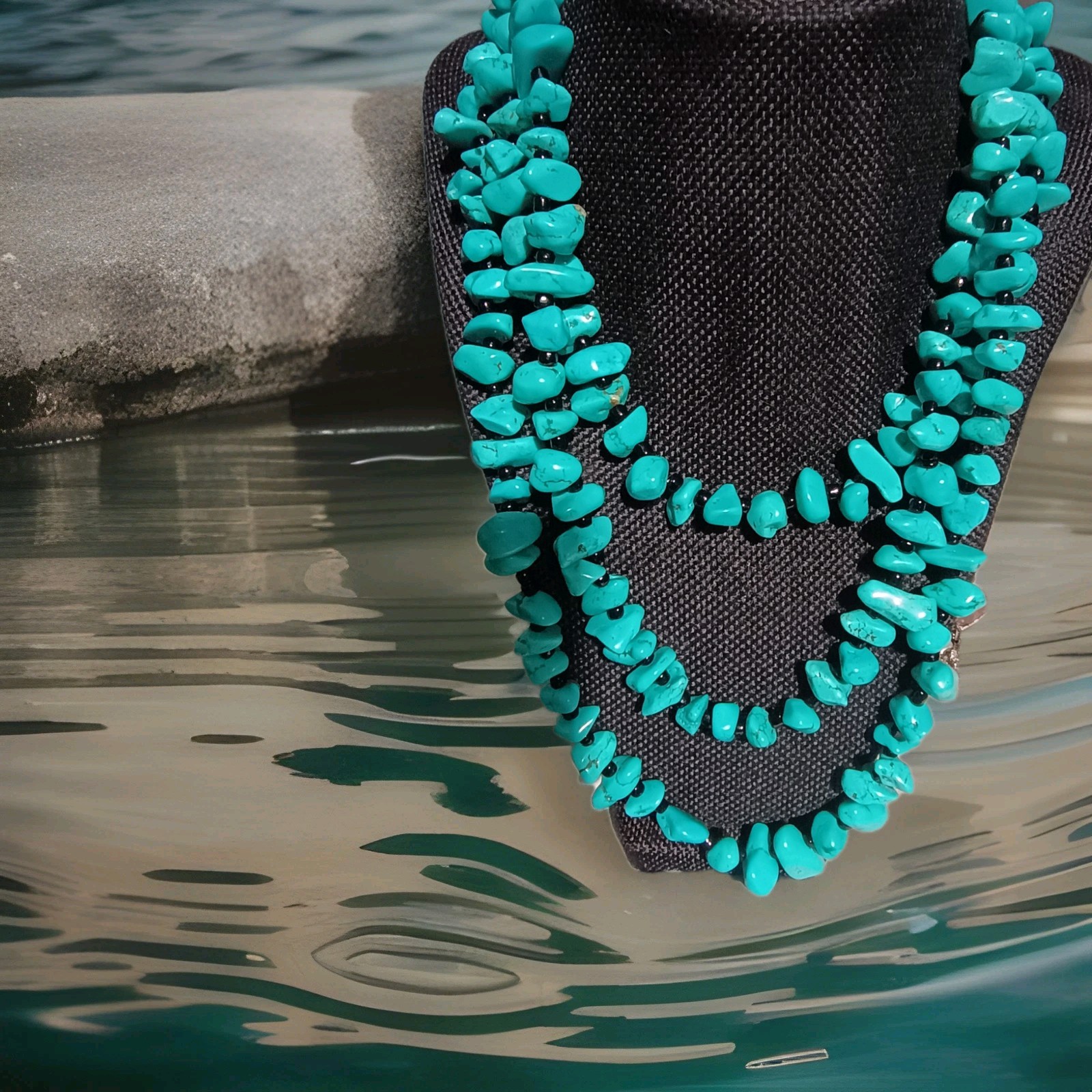 60 Inch Long 10 & 20mm Wide Turquoise & Black Bead Necklace 925 Clasp 7.64 oz
