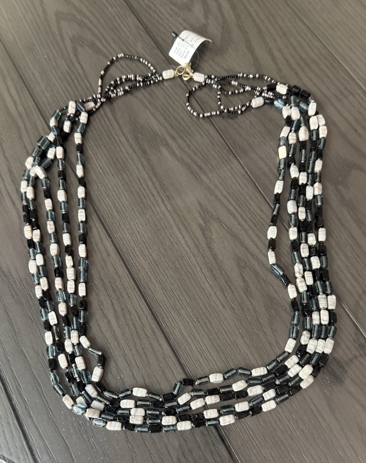 Black White Gray Multi-Strand Layered Glass Rectangular Bead Necklace, Lobster