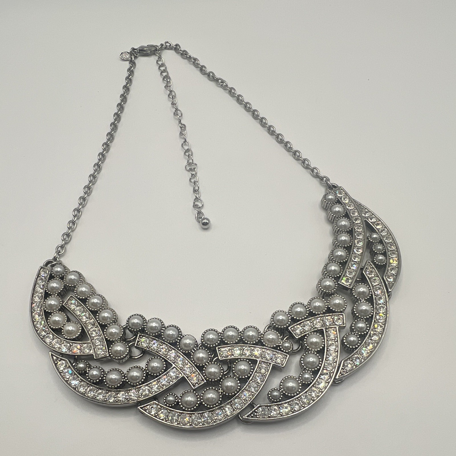 Premier Designs ‘Perfect Day’ Bib Faux Pearl Crystal Necklace,Bridal Wedding 20″