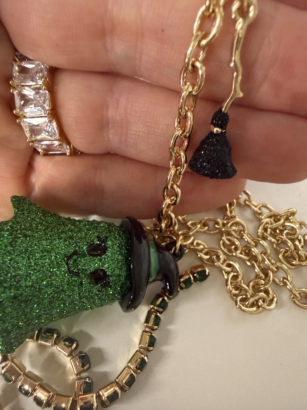 Halloween Betsey Johnson Green Glitter Ghost Rhinestone Witch Necklace NWT