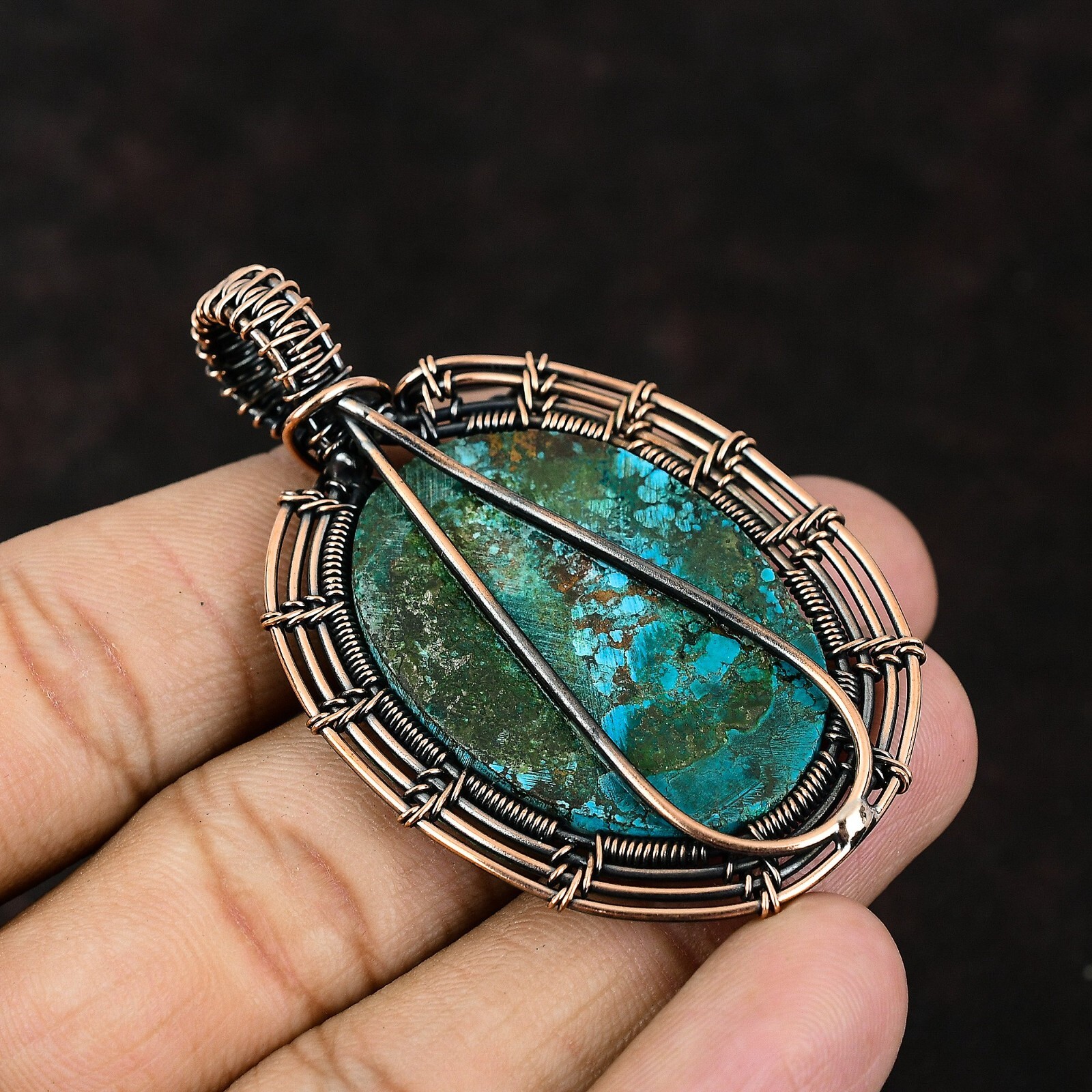 Tibetan Turquoise Gemstone Jewelry Copper Love Gift Wire Wrapped Pendant 2.44″