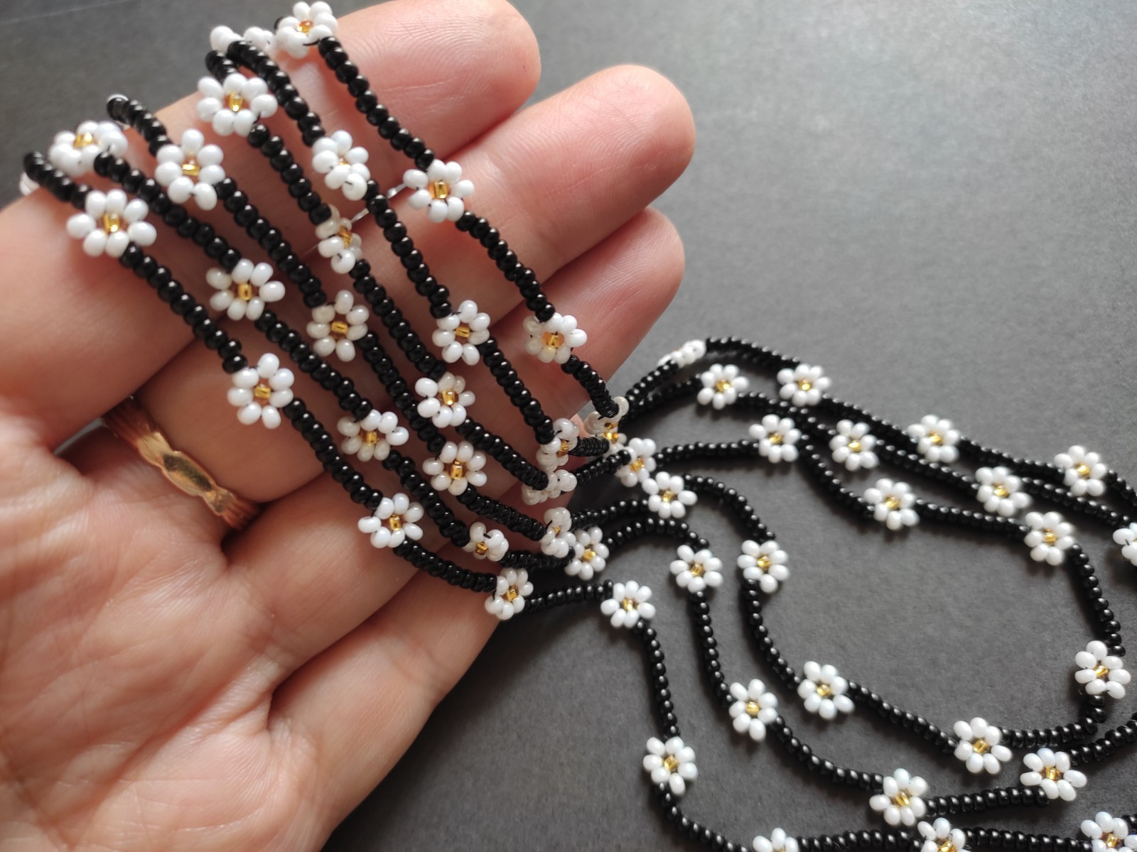 Daisy Black beaded necklace for women 3 strand bead collar layered long collar