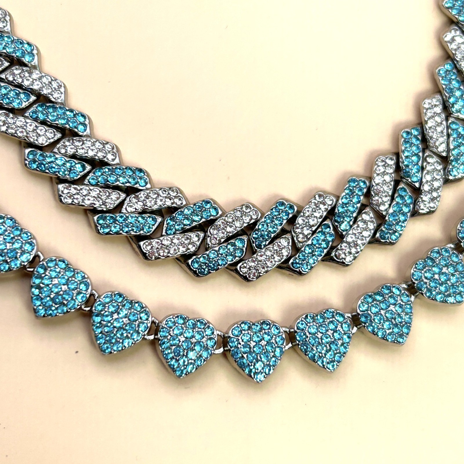 Blue Rhinestone Cuban Link & Heart Chain Necklace Set Statement Jewelry