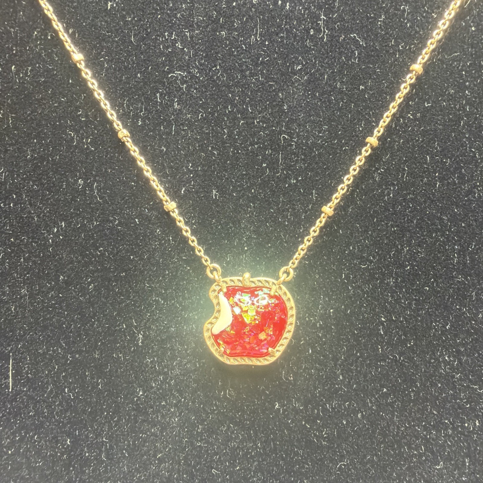 Kendra Scott Disney Snow White Bitten Apple Necklace Antique Gold Red Opal 16″