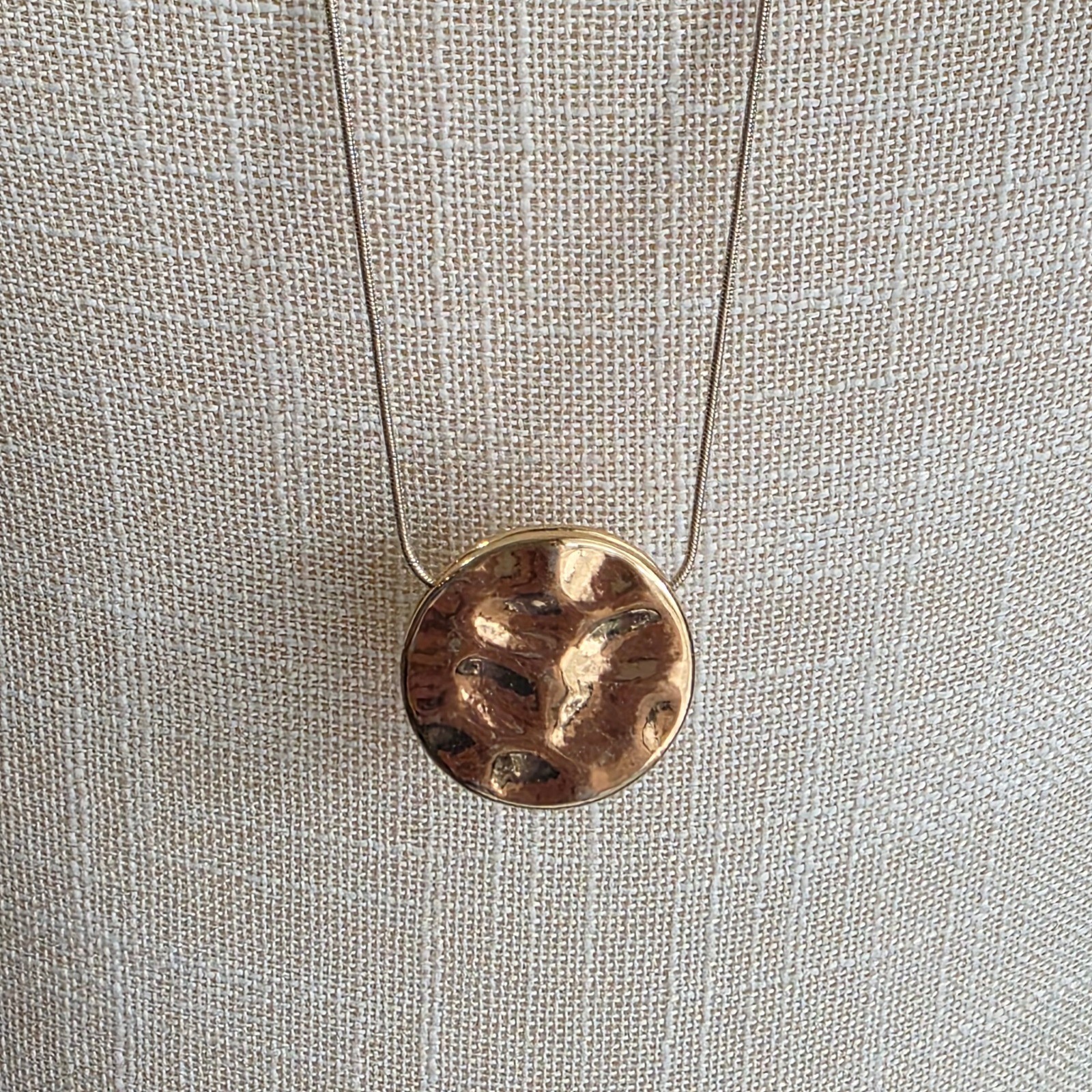 Gold Tone Round Hammered Disc Pendant Necklace Simple Everyday Chain