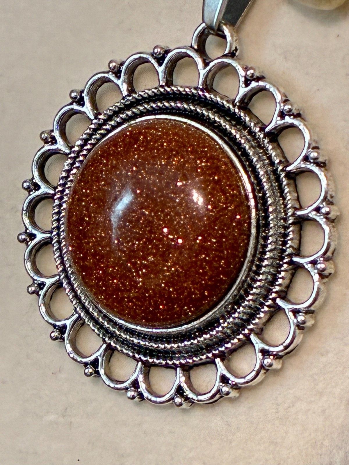 Vintage Style Goldstone Cabochon Pendant Silver Tone Ornate Round Setting Brown
