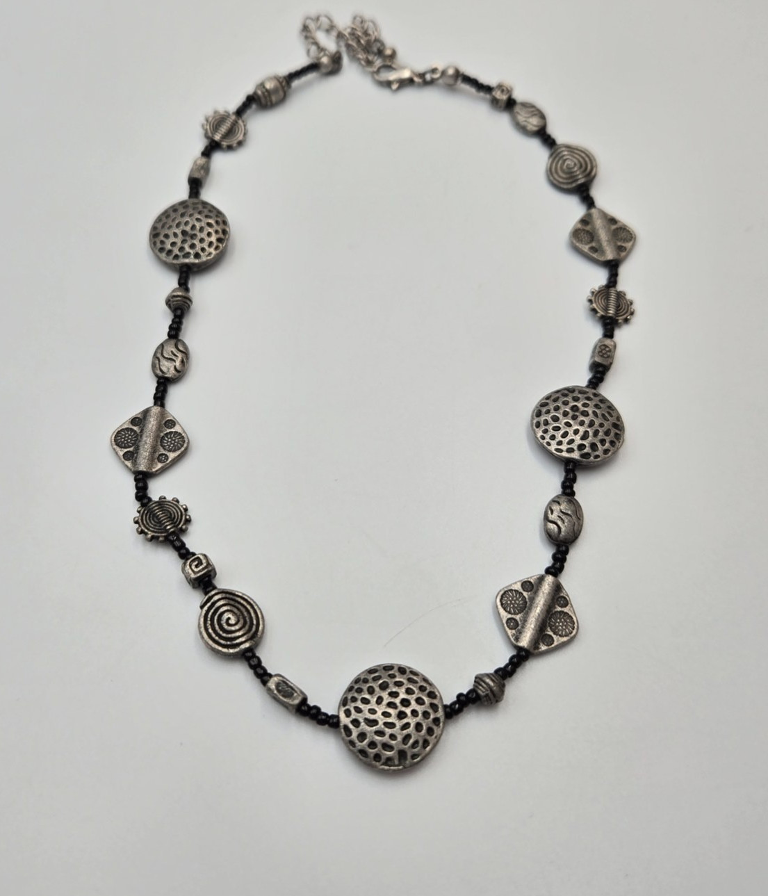 Boho Tribal Silver Tone Mixed Bead Necklace Black bead Spiral Lotus 114