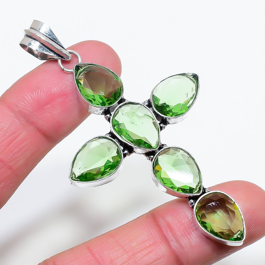 Green Amethyst Gemstone Pendant Handmade Antique Pear Shape Cross Jewelry 3.20″