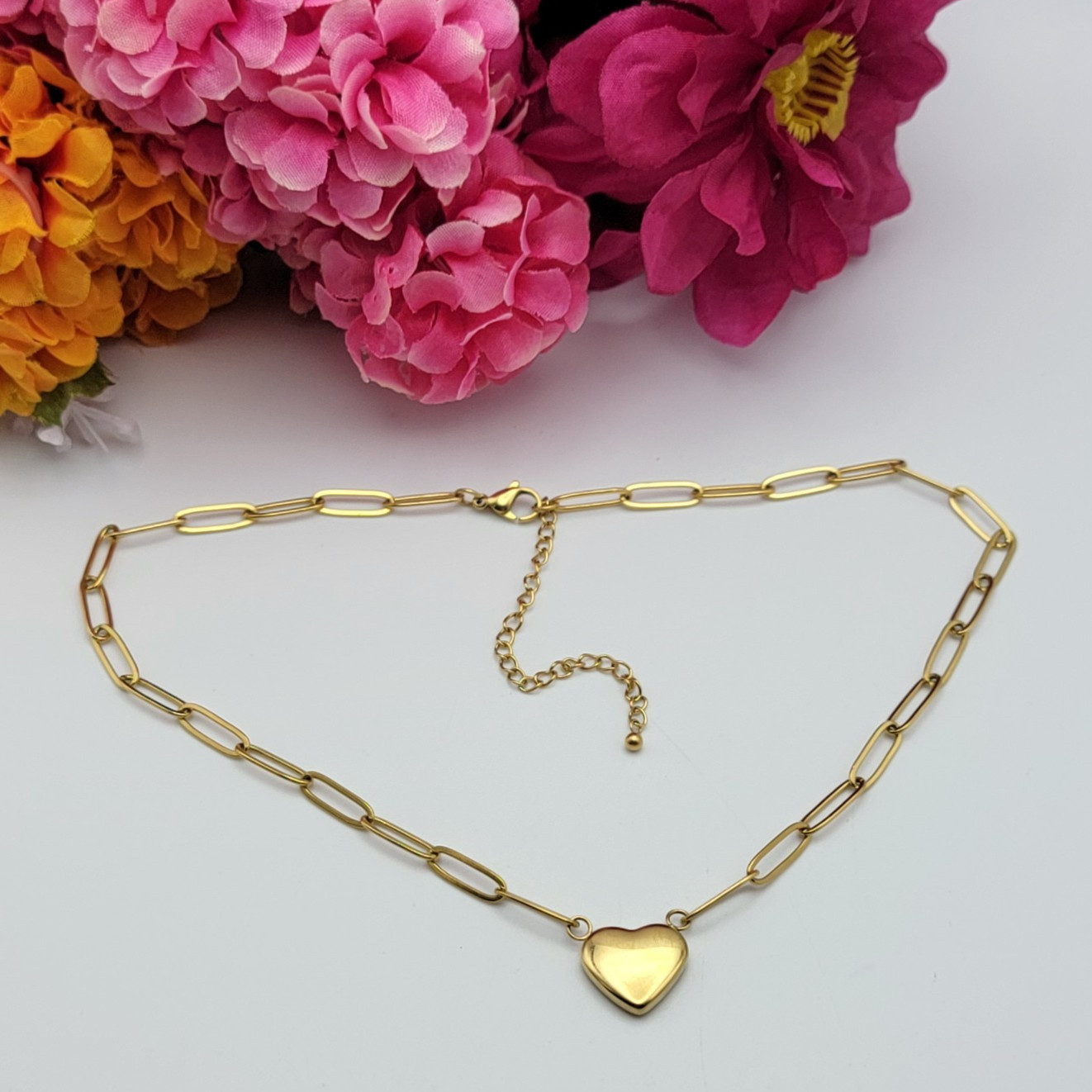 Gold-Tone Oval Link Chain Heart Charm Necklace 19″ Adj. Minimalist
