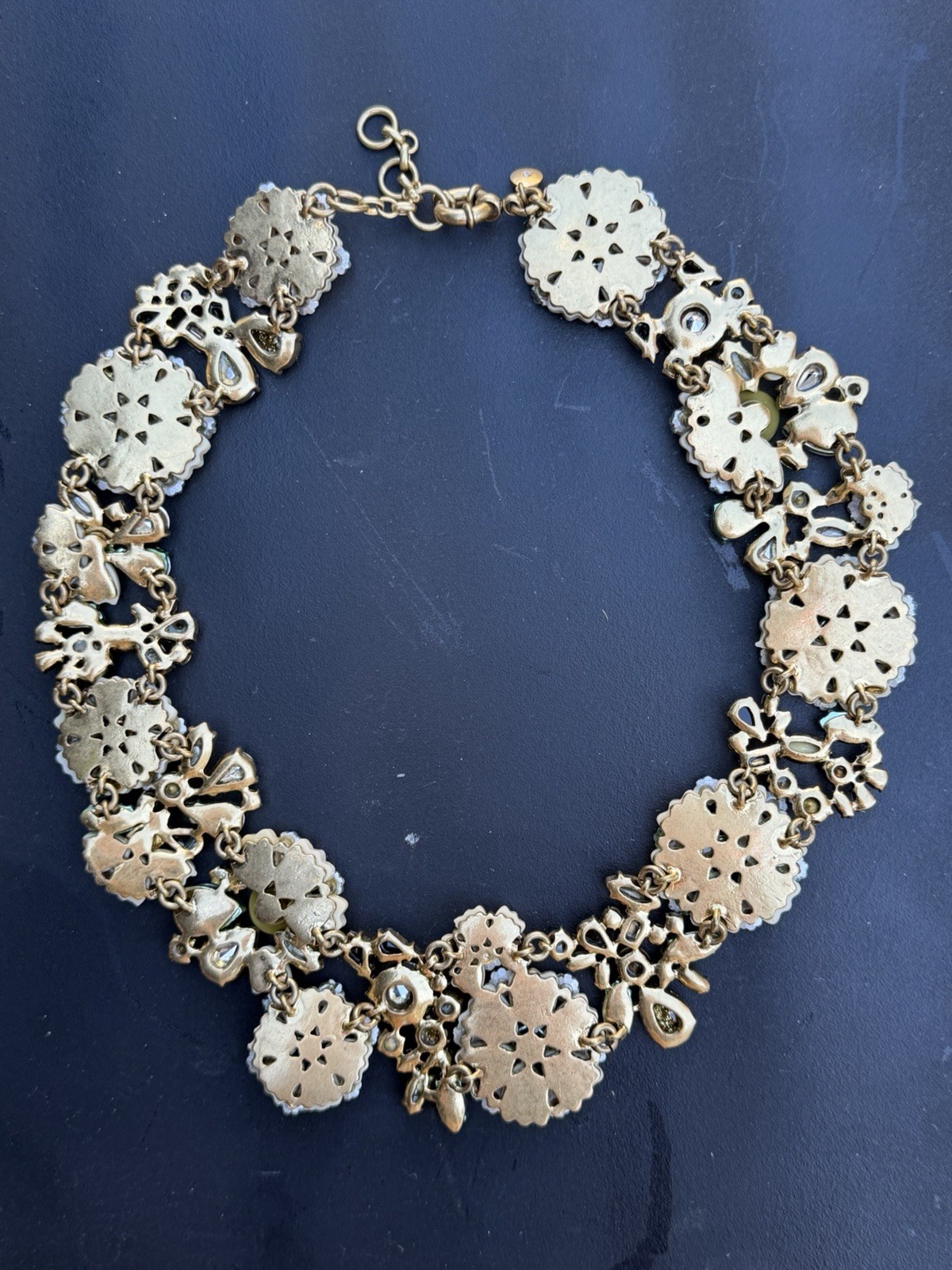 J.Crew Floral Statement Necklace Cream Resin Flowers AB Crystal Rhinestone Gold