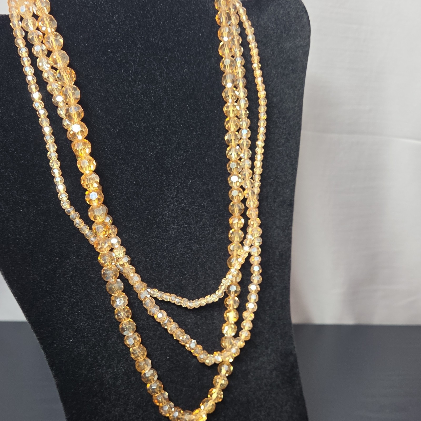 Lot of 3 Gold Tone Multi-Strand Beaded Necklaces Crystal & Glass Clear Gray