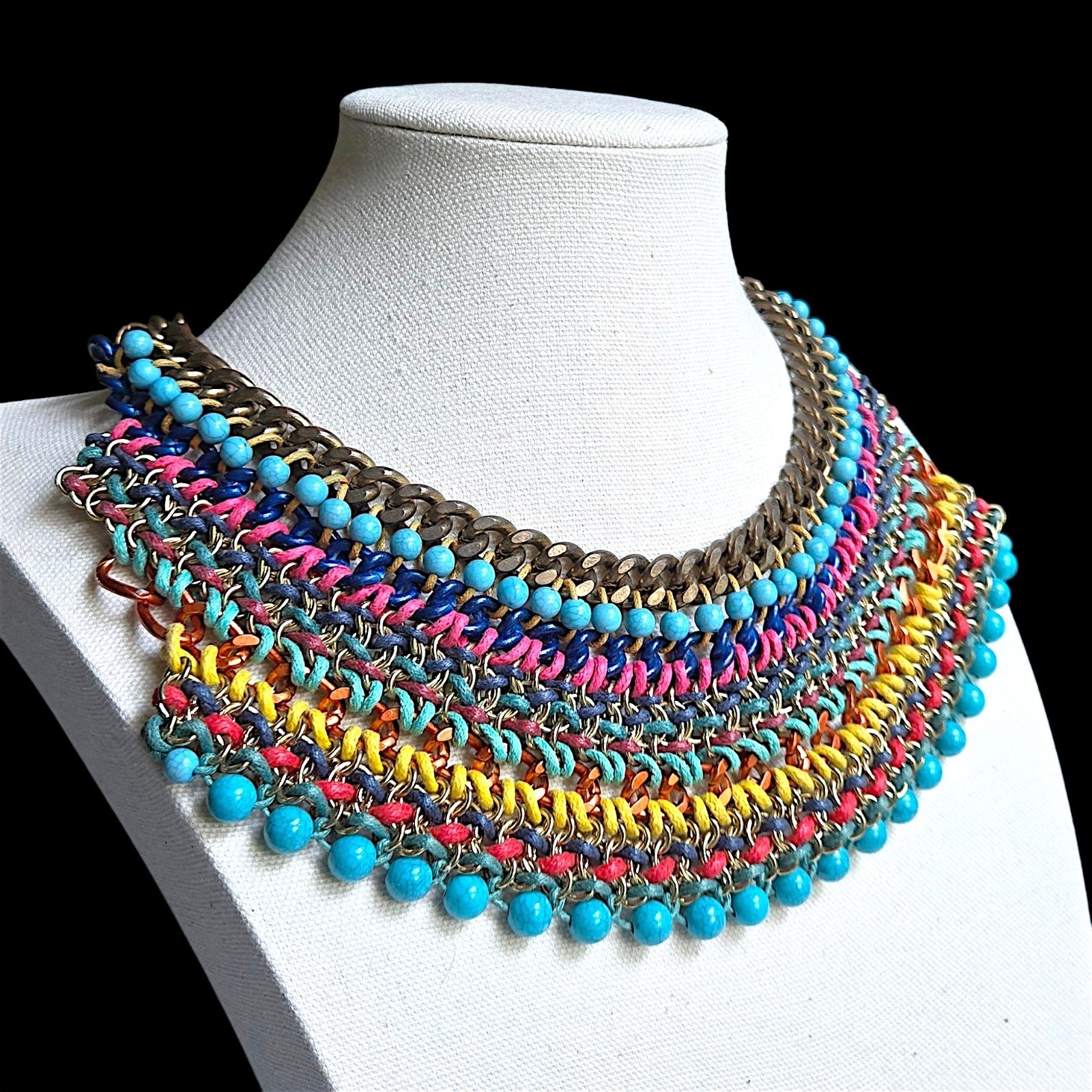 Aldo Multicolor Woven Cord Bib Necklace Mixed Metal Chain Beaded Boho 18″