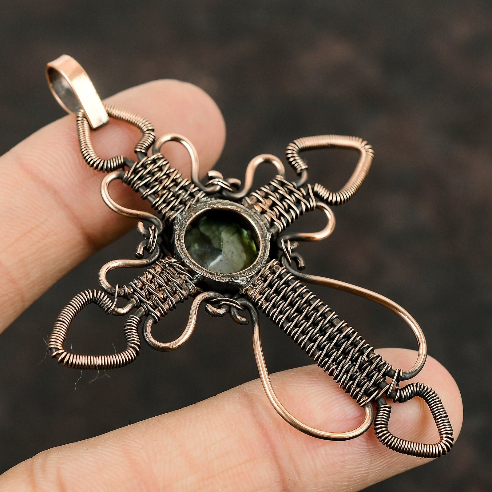 Labradorite Wire Wrapped Cross Pendant Handcrafted Copper Ethnic Gift 3.19″