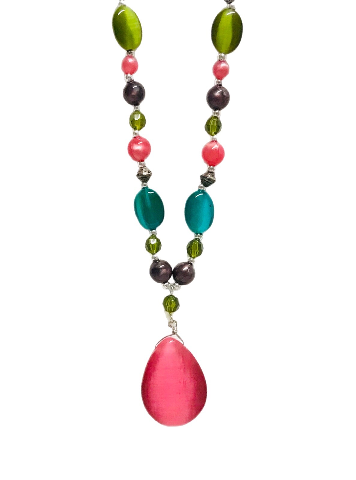 Pink Faux Tigers Eye Teardrop Beaded Pendant Necklace Multicolor Boho Fashion