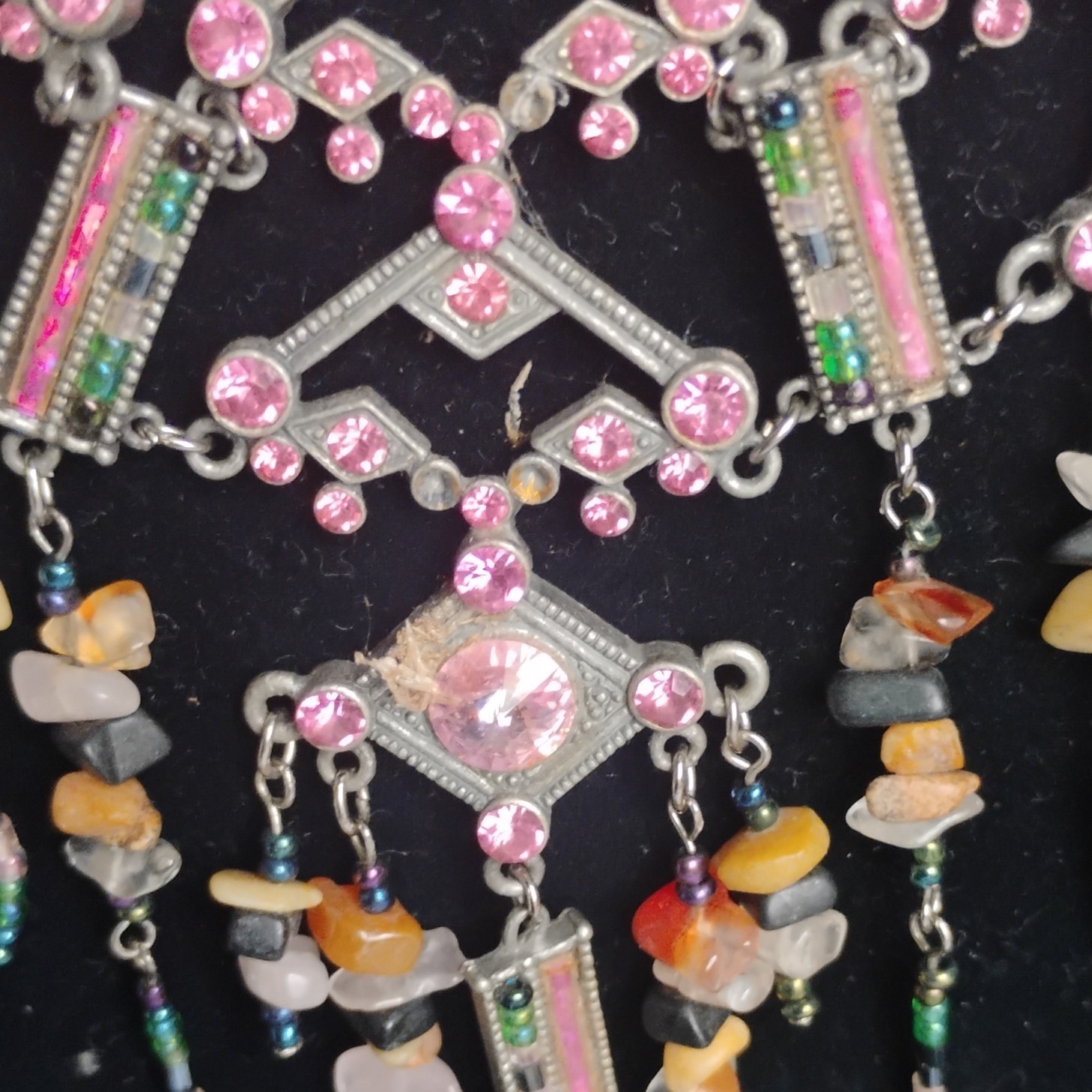 Silver Tone Art Deco Bib Statement Necklace, Pink Crystals Bead Dangles