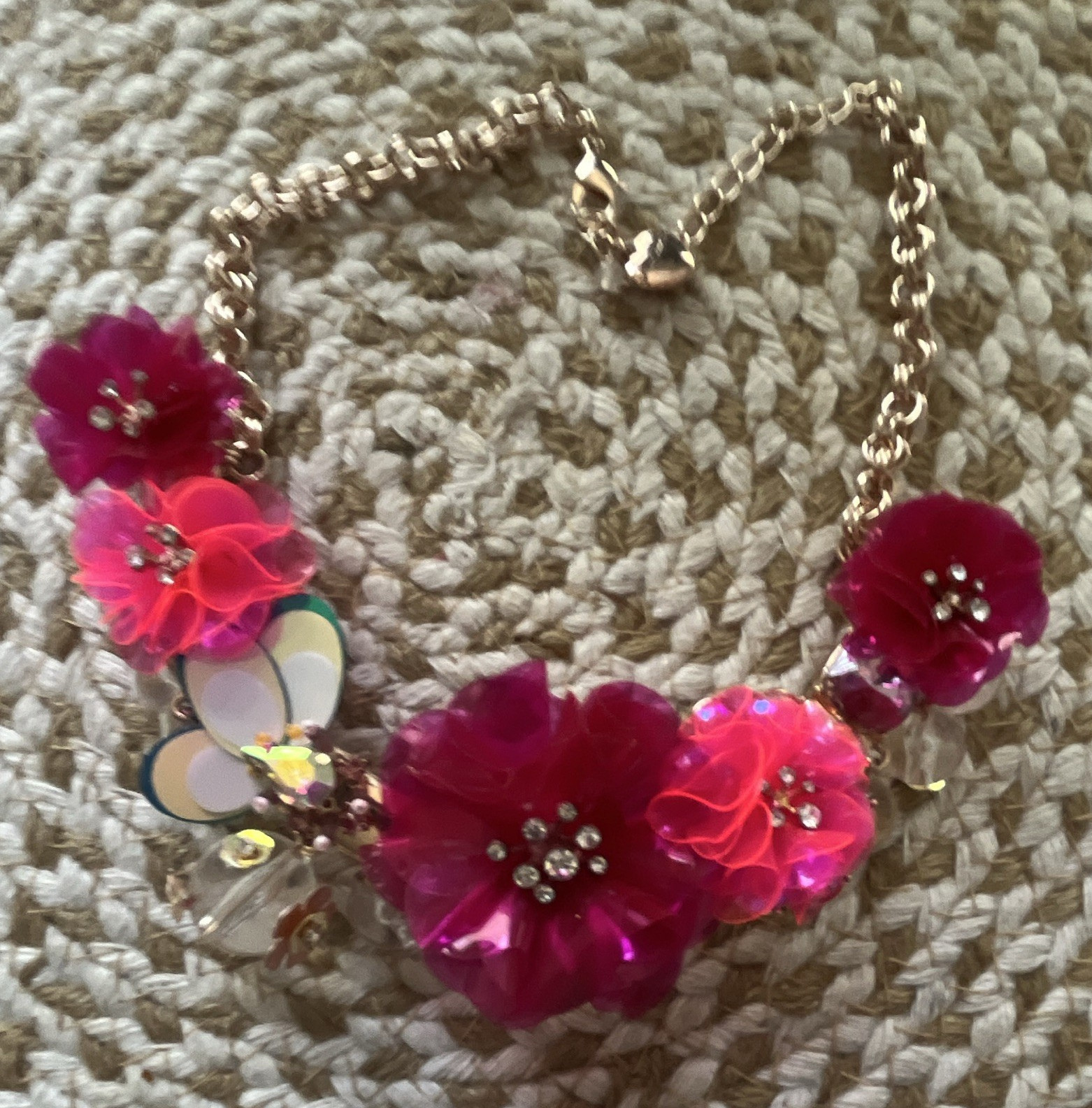 Betsey Johnson Pink & Gold Flower Cable Chain Necklace, Signed, Adjustable
