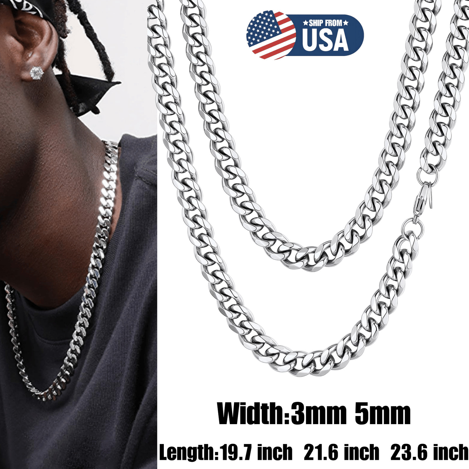 23.6″ Stainless Steel Silver Chain Cuban Curb Women Men Necklace 3/5MM Width USA
