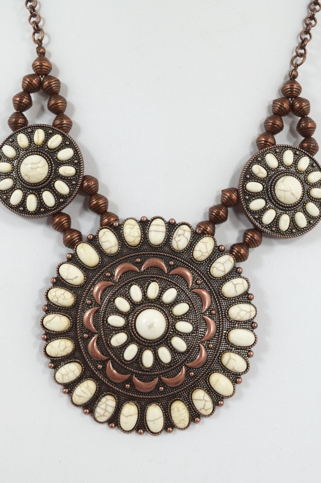 Western White Bohemian Round squash blossom Concho Pendant statement Necklace
