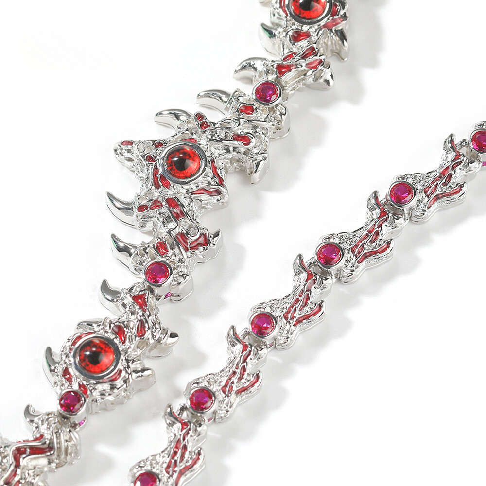 18″ Red Eyes Spikes Iced CZ Out Chain Choker Silver Necklace For Men Hip Hop
